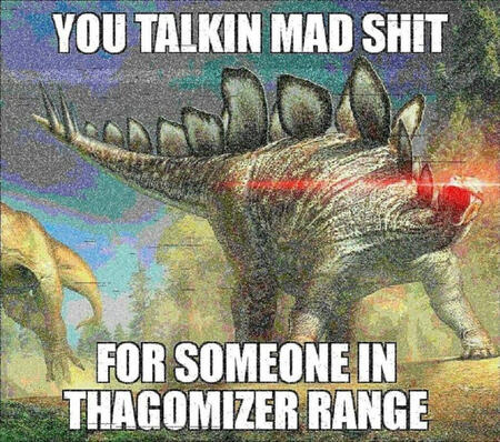 A meme containing a laser eyed stegosaurus with the text you talkin mad shit for someone in thagomizer range